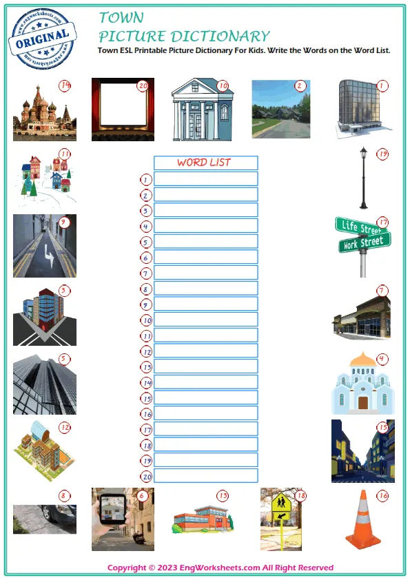 Town ESL Printable Picture Dictionary For Kids. Write the Words on the Word List. Worksheet Preview