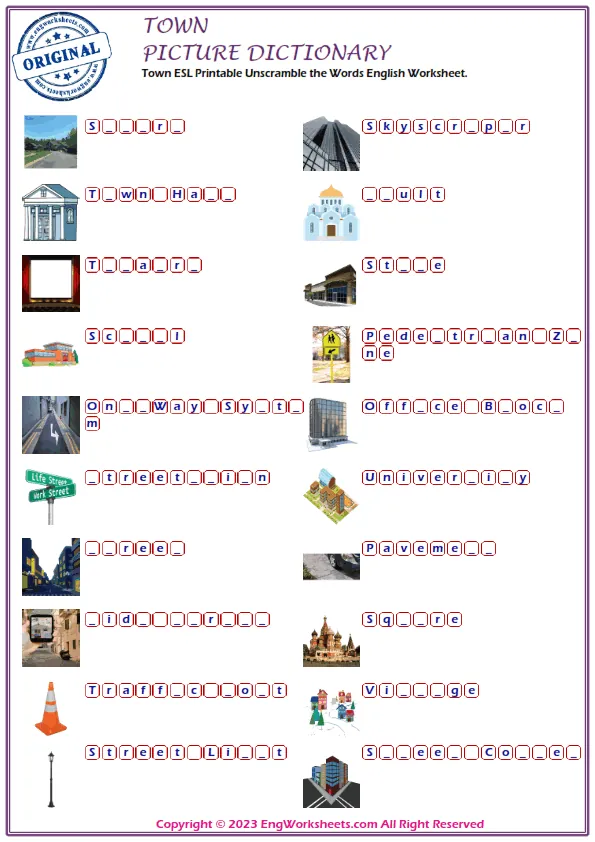 Town ESL Printable Unscramble the Words English Worksheet.