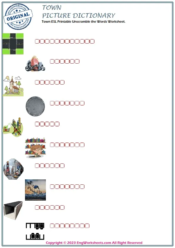 Town ESL Printable Unscramble the Words Worksheet.