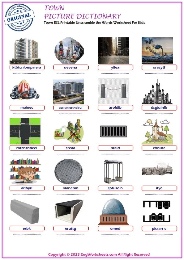 Town ESL Printable Unscramble the Words Worksheet For Kids