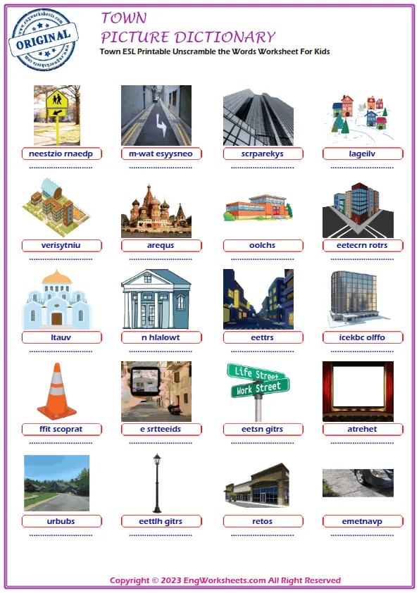 Town ESL Printable Unscramble the Words Worksheet For Kids Worksheet Preview