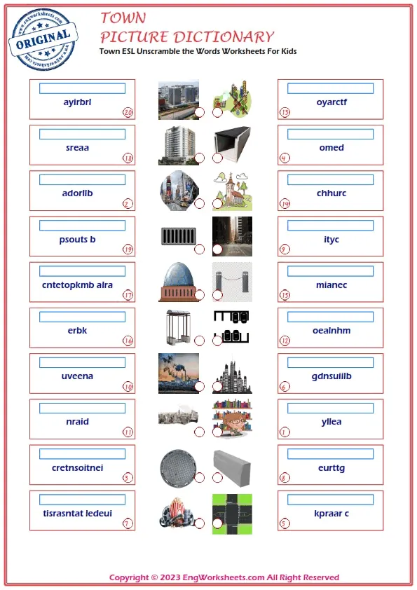 Town ESL Unscramble the Words Worksheets For Kids