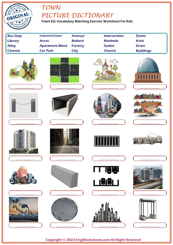 Town ESL Vocabulary Matching Exercise Worksheet For Kids