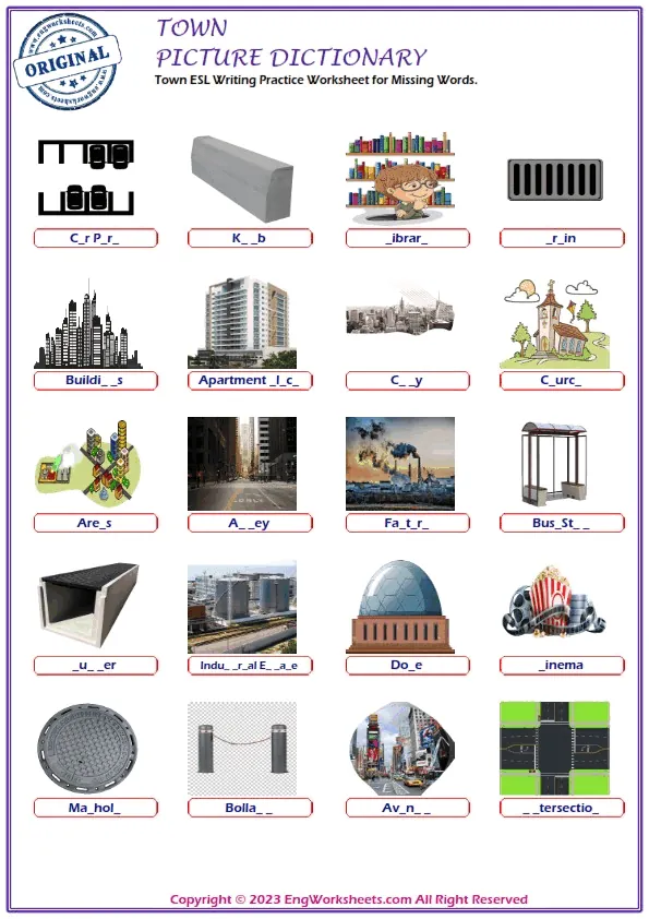 Town ESL Writing Practice Worksheet for Missing Words.