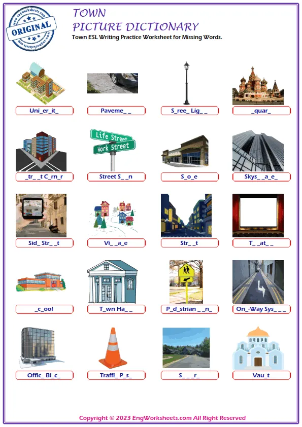 Town ESL Writing Practice Worksheet for Missing Words. Worksheet Preview