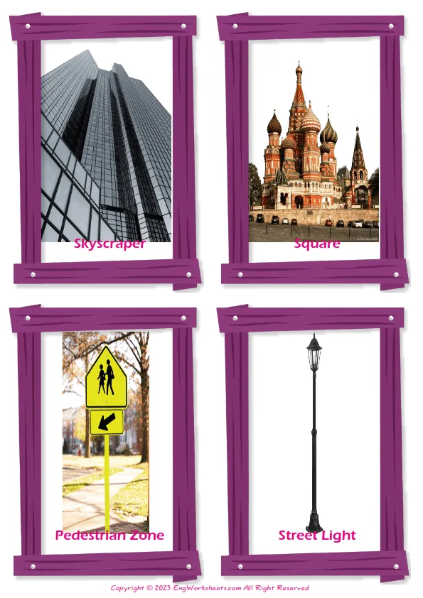 Town vocabulary worksheet with words, four images per page Worksheet Preview