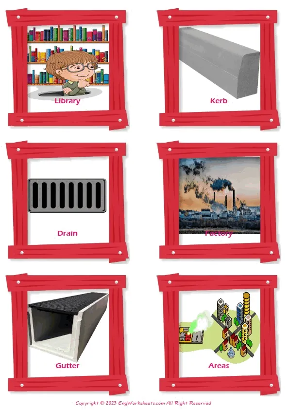 Town vocabulary worksheet with words, six images per page