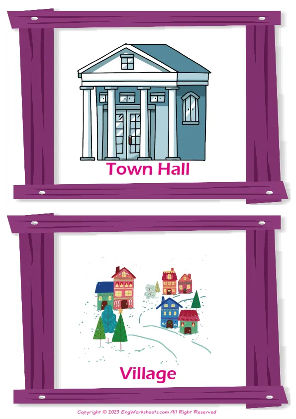Town vocabulary worksheet with words, two images per page