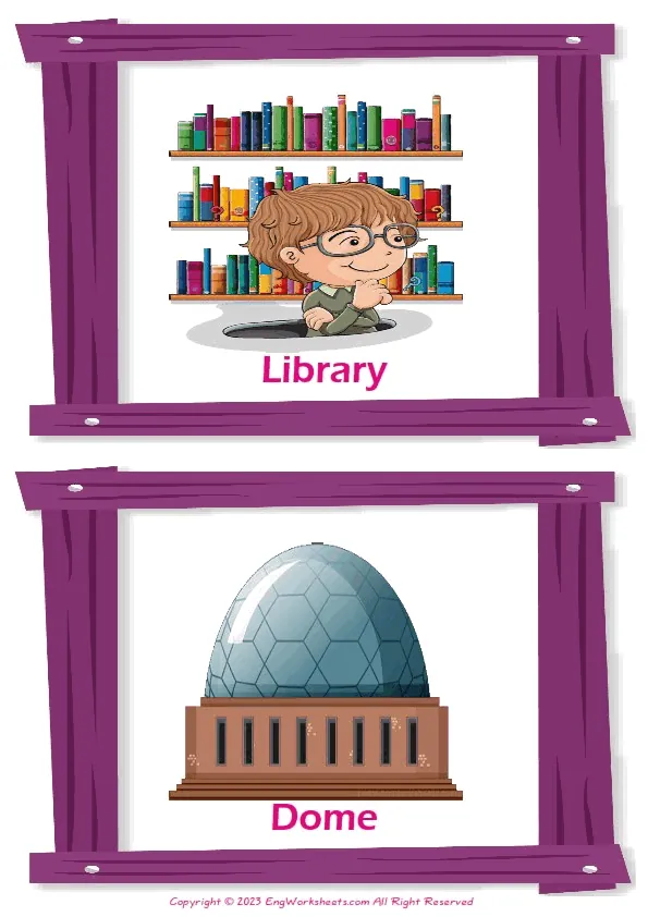 Town vocabulary worksheet with words, two images per page