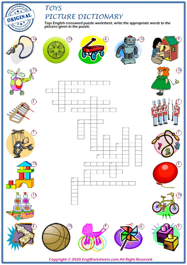 Toys English crossword puzzle worksheet, write the appropriate words to the pictures given in the puzzle. Worksheet Preview