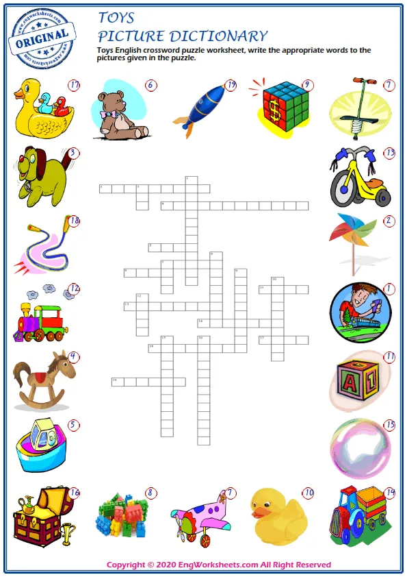 Toys English crossword puzzle worksheet, write the appropriate words to the pictures given in the puzzle. Worksheet Preview