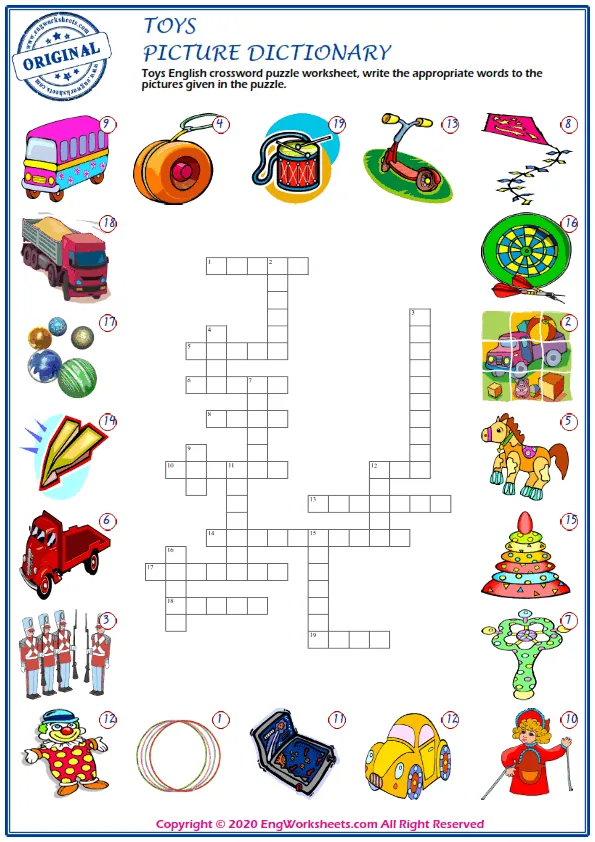 Toys English crossword puzzle worksheet, write the appropriate words to the pictures given in the puzzle. Worksheet Preview