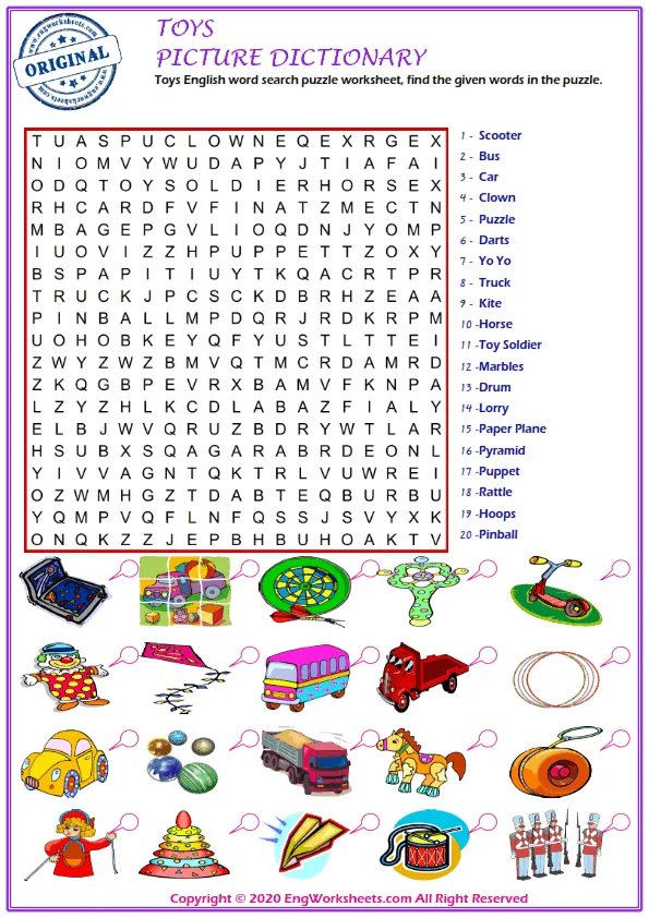Toys English word search puzzle worksheet, find the given words in the puzzle. Worksheet Preview