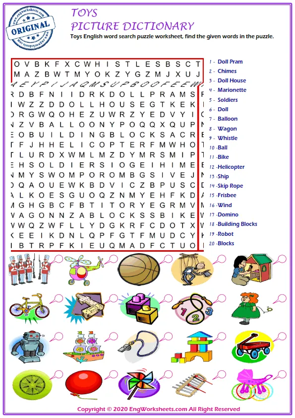 Toys English word search puzzle worksheet, find the given words in the puzzle. Worksheet Preview