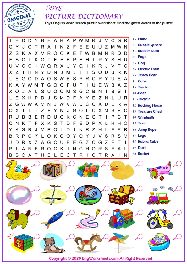 Toys English word search puzzle worksheet, find the given words in the puzzle. Worksheet Preview