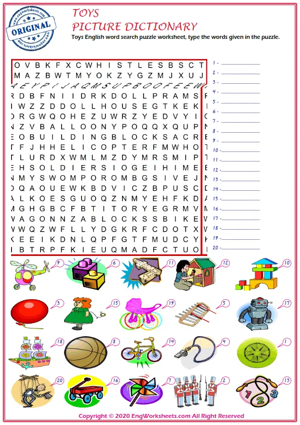 Toys English word search puzzle worksheet, type the words given in the puzzle. Worksheet Preview