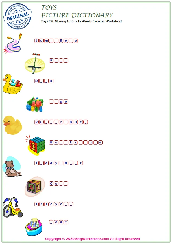 Toys ESL Missing Letters In Words Exercise Worksheet Worksheet Preview