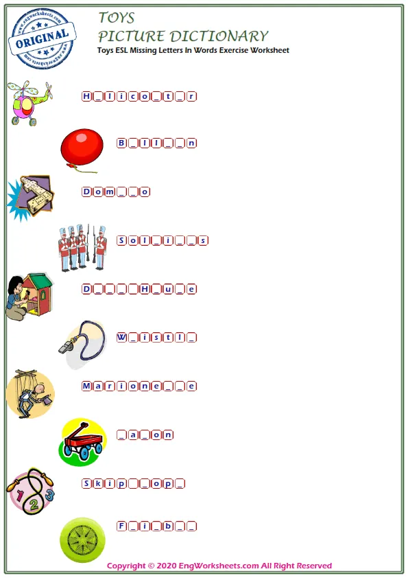 Toys ESL Missing Letters In Words Exercise Worksheet Worksheet Preview