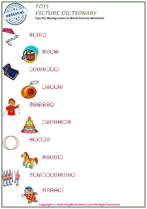 Toys ESL Missing Letters In Words Exercise Worksheet Worksheet Preview