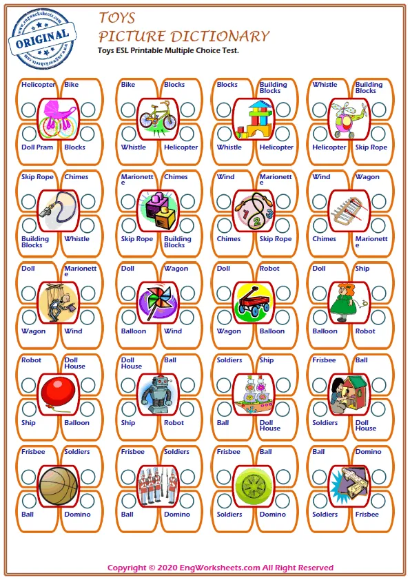 Toys ESL Printable Multiple Choice Test. Worksheet Preview