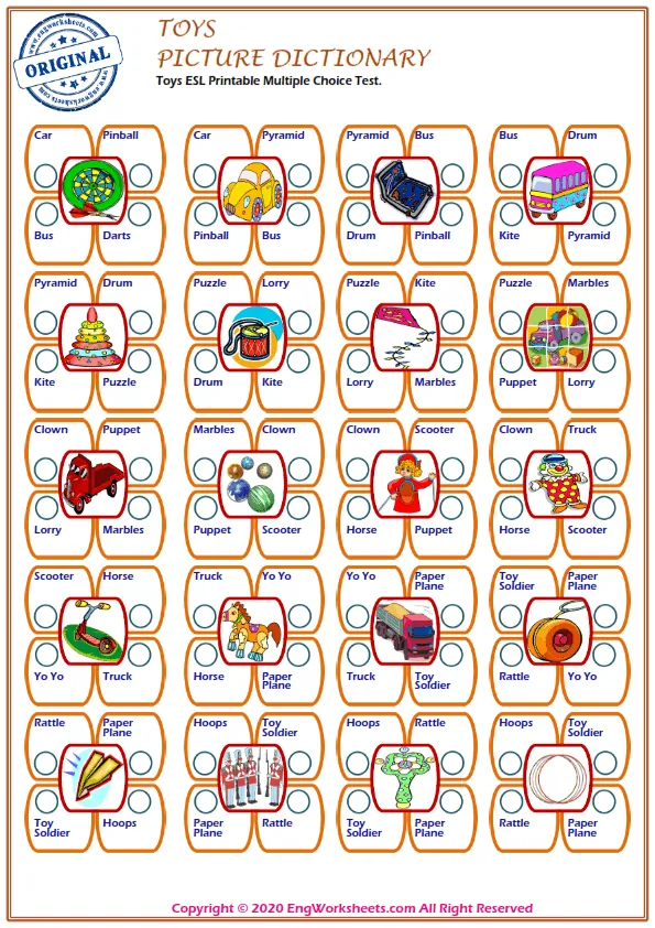 Toys ESL Printable Multiple Choice Test. Worksheet Preview
