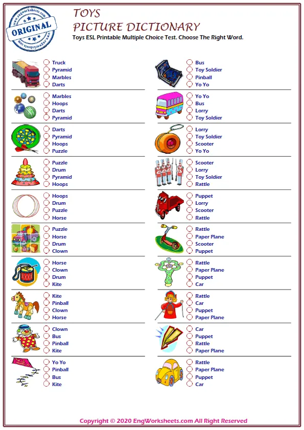 Toys ESL Printable Multiple Choice Test. Choose The Right Word. Worksheet Preview