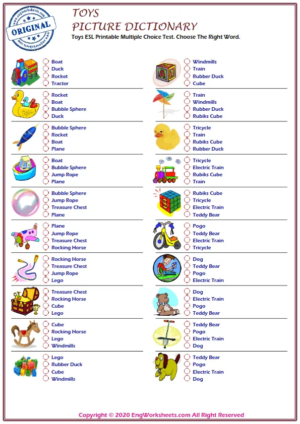 Toys ESL Printable Multiple Choice Test. Choose The Right Word. Worksheet Preview