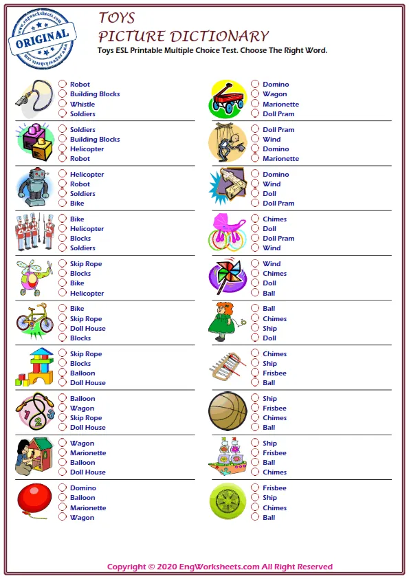 Toys ESL Printable Multiple Choice Test. Choose The Right Word. Worksheet Preview