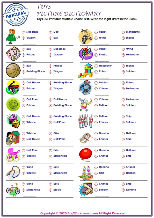 Toys ESL Printable Multiple Choice Test. Write the Right Word in the Blank.