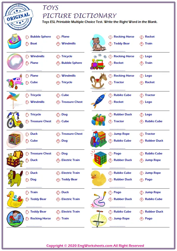 Toys ESL Printable Multiple Choice Test. Write the Right Word in the Blank. Worksheet Preview