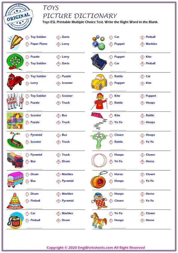 Toys ESL Printable Multiple Choice Test. Write the Right Word in the Blank. Worksheet Preview