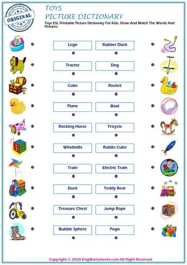 Toys ESL Printable Picture Dictionary For Kids. Draw And Match The Words And Pictures. Worksheet Preview