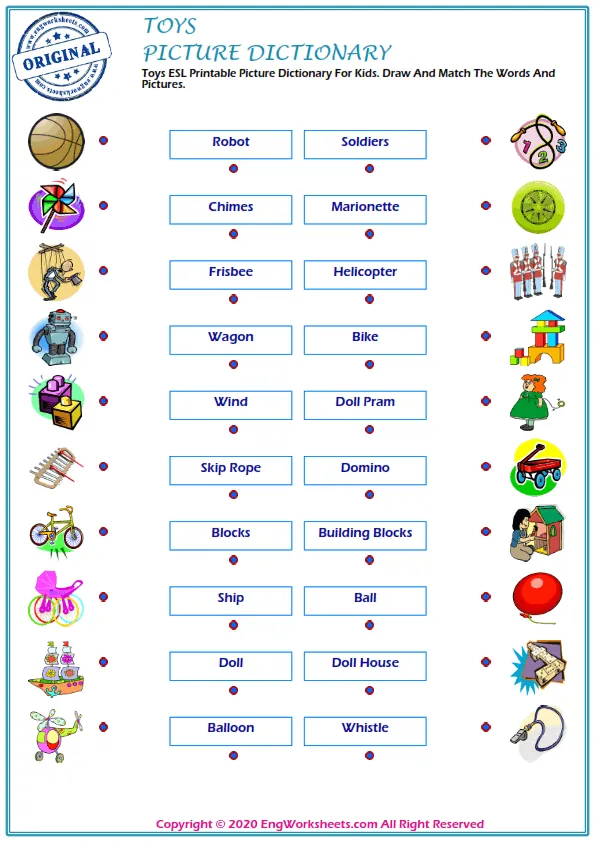 Toys ESL Printable Picture Dictionary For Kids. Draw And Match The Words And Pictures. Worksheet Preview