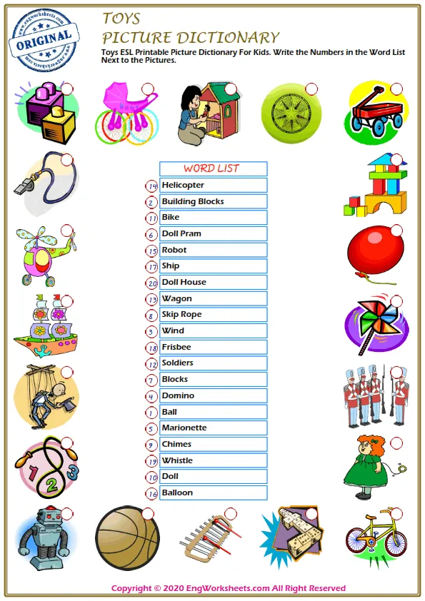 Toys ESL Printable Picture Dictionary For Kids. Write the Numbers in the Word List Next to the Pictures. Worksheet Preview