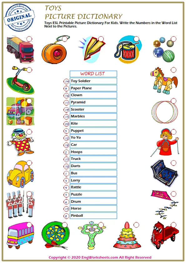 Toys ESL Printable Picture Dictionary For Kids. Write the Numbers in the Word List Next to the Pictures. Worksheet Preview