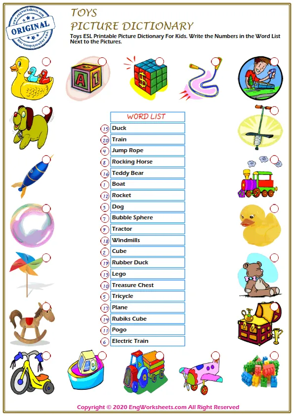 Toys ESL Printable Picture Dictionary For Kids. Write the Numbers in the Word List Next to the Pictures. Worksheet Preview