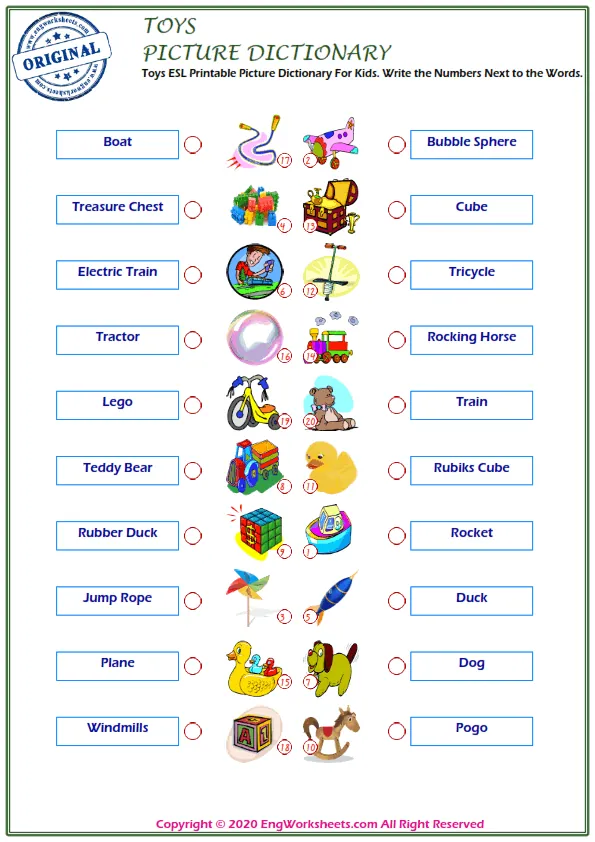 Toys ESL Printable Picture Dictionary For Kids. Write the Numbers Next to the Words. Worksheet Preview