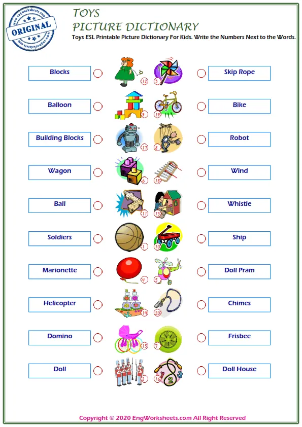 Toys ESL Printable Picture Dictionary For Kids. Write the Numbers Next to the Words. Worksheet Preview