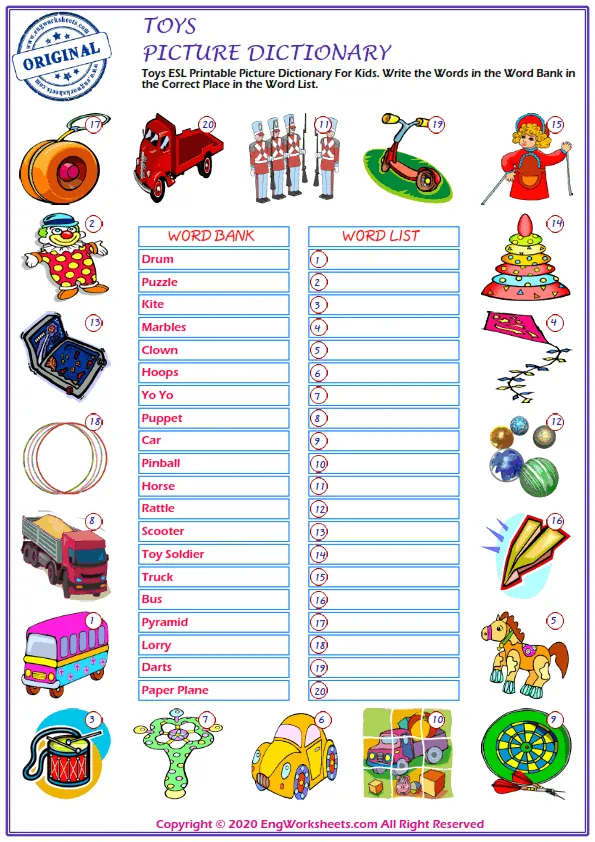 Toys ESL Printable Picture Dictionary For Kids. Write the Words in the Word Bank in the Correct Place in the Word List. Worksheet Preview
