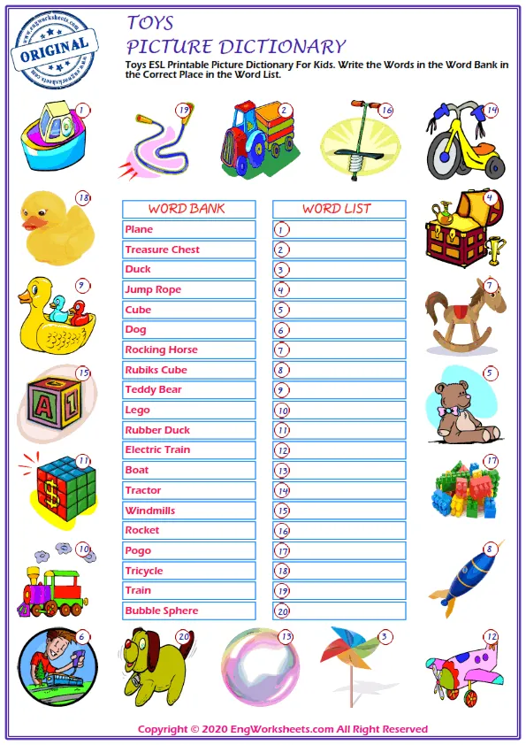 Toys ESL Printable Picture Dictionary For Kids. Write the Words in the Word Bank in the Correct Place in the Word List. Worksheet Preview