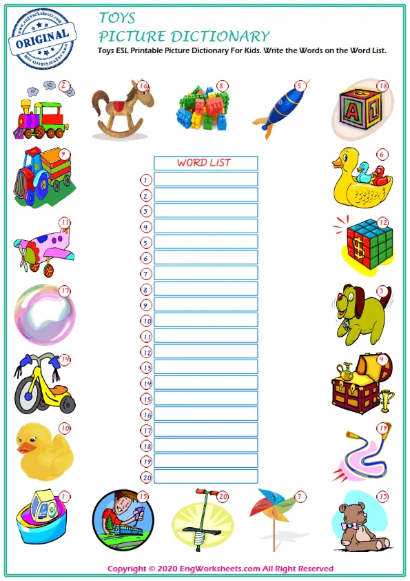 Toys ESL Printable Picture Dictionary For Kids. Write the Words on the Word List. Worksheet Preview