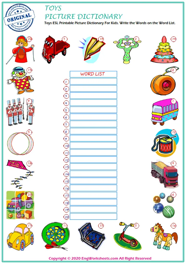 Toys ESL Printable Picture Dictionary For Kids. Write the Words on the Word List. Worksheet Preview