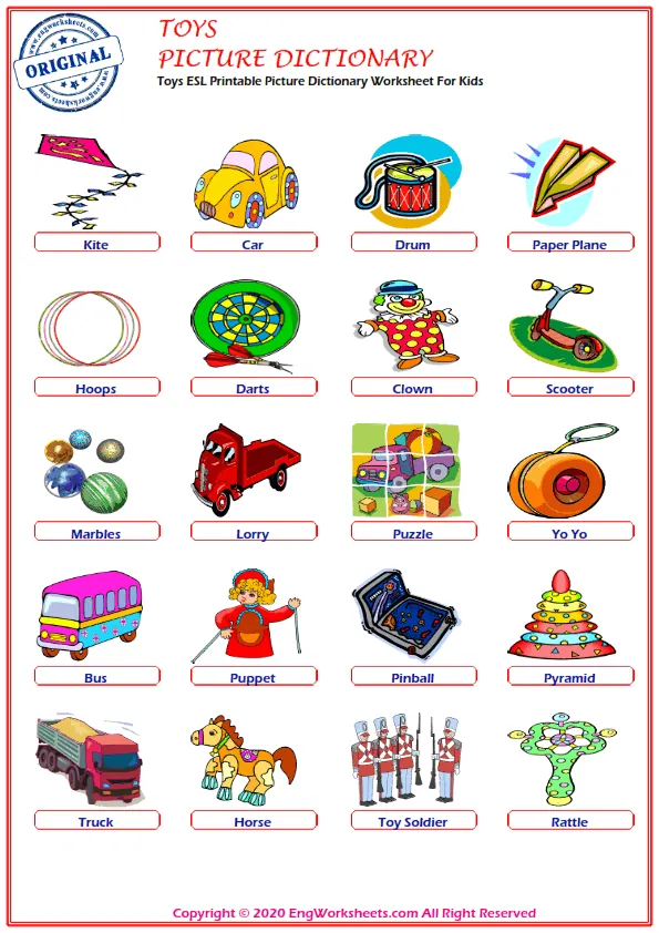 Toys ESL Printable Picture Dictionary Worksheet For Kids Worksheet Preview