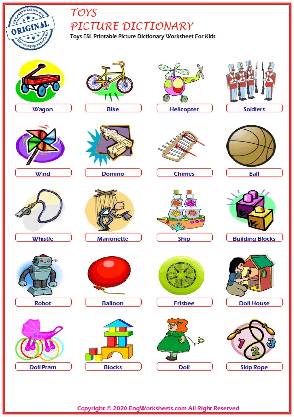Toys ESL Printable Picture Dictionary Worksheet For Kids Worksheet Preview