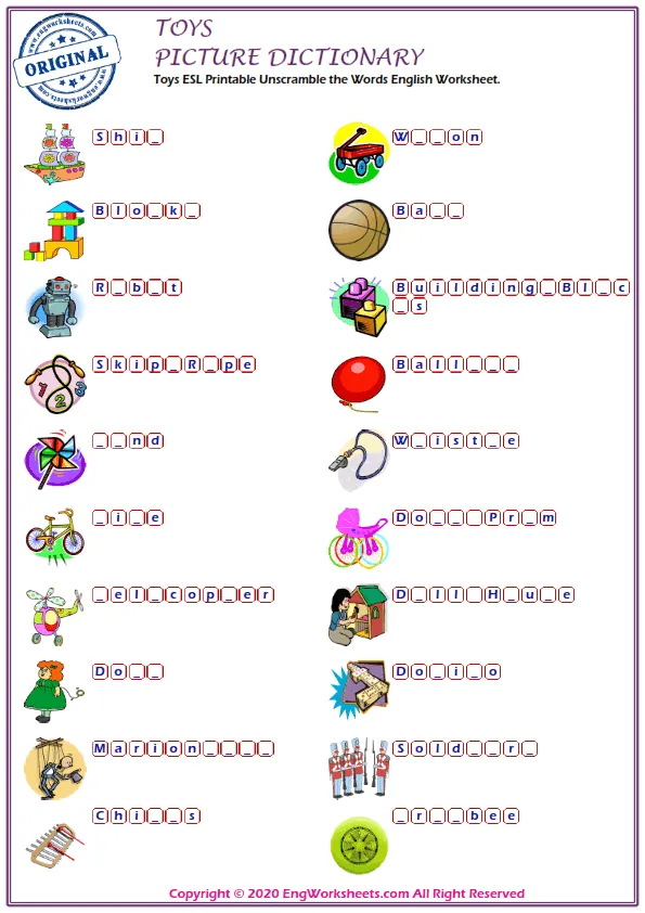 Toys ESL Printable Unscramble the Words English Worksheet. Worksheet Preview