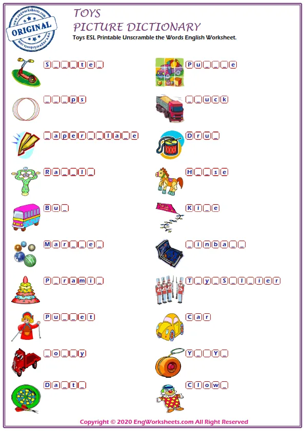 Toys ESL Printable Unscramble the Words English Worksheet. Worksheet Preview
