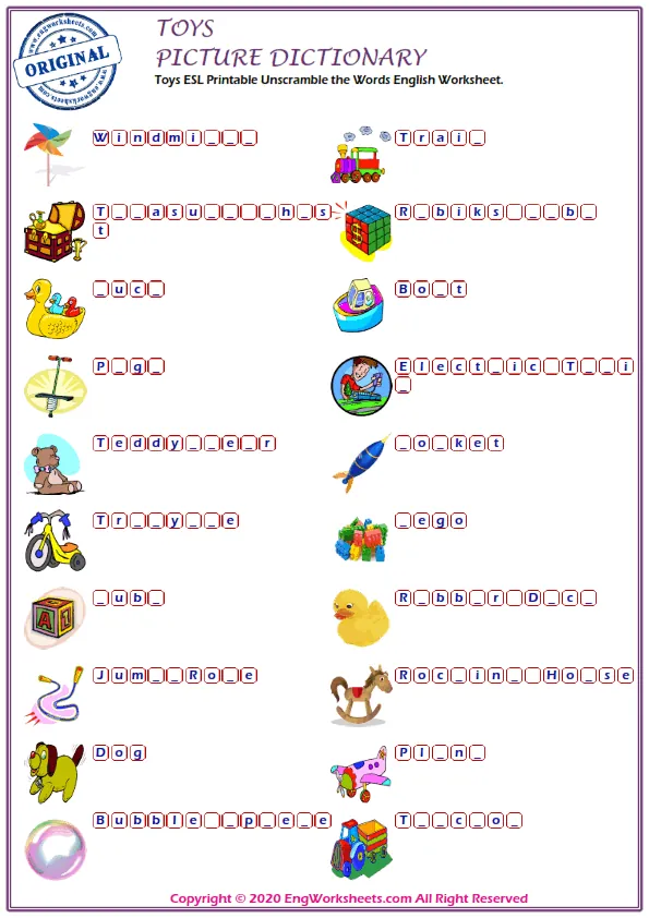 Toys ESL Printable Unscramble the Words English Worksheet. Worksheet Preview