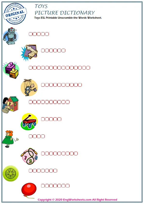 Toys ESL Printable Unscramble the Words Worksheet. Worksheet Preview