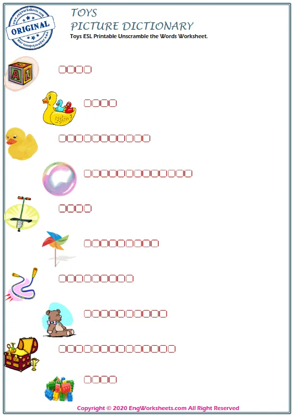 Toys ESL Printable Unscramble the Words Worksheet. Worksheet Preview