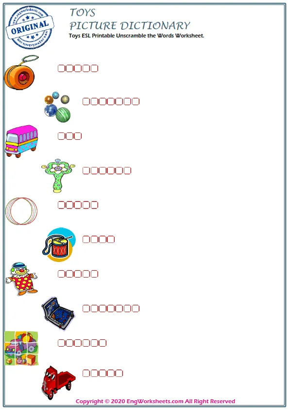 Toys ESL Printable Unscramble the Words Worksheet. Worksheet Preview